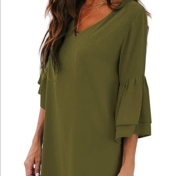 BELONGSCI Olive V-neck Bell Sleeve Shift Mini Dress! - Picture 2 of 4